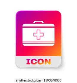 White First aid kit icon isolated on white background. Medical box with cross. Medical equipment for emergency. Healthcare concept. Rectangle color button. Vector Illustration