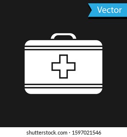 White First aid kit icon isolated on black background. Medical box with cross. Medical equipment for emergency. Healthcare concept.  Vector Illustration
