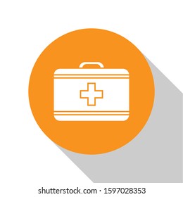 White First aid kit icon isolated on white background. Medical box with cross. Medical equipment for emergency. Healthcare concept. Orange circle button. Vector Illustration