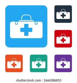 White First aid kit icon isolated on white background. Medical box with cross. Medical equipment for emergency. Healthcare concept. Set icons in color square buttons. Vector Illustration