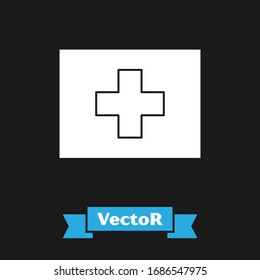 White First aid kit icon isolated on black background. Medical box with cross. Medical equipment for emergency. Healthcare concept.  Vector Illustration