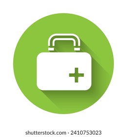 White First aid kit icon isolated with long shadow background. Medical box with cross. Medical equipment for emergency. Healthcare concept. Green circle button. Vector