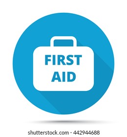White First Aid Kit icon on blue button isolated on white
