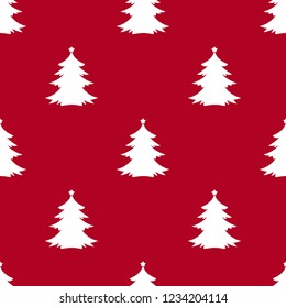 White fir-trees with stars on red background. Forest blizzard. seamless winter pattern with spruce. Christmas vector ornament. holiday simple texture for printing on fabric or paper.  