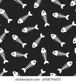 White fish bones on black background. Vector seamless pattern.