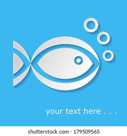 White fish icon with bubbles on blue background