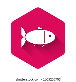White Fish icon isolated with long shadow. Pink hexagon button. Vector Illustration