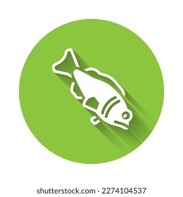 White Fish icon isolated with long shadow. Green circle button. Vector
