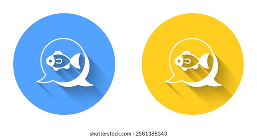 White Fish icon isolated with long shadow background. Circle button. Vector