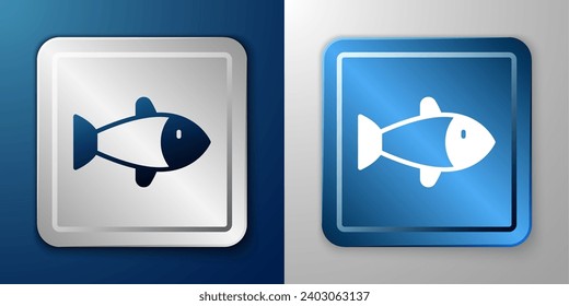 White Fish icon isolated on blue and grey background. Silver and blue square button. Vector