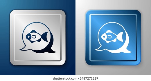 White Fish icon isolated on blue and grey background. Silver and blue square button. Vector