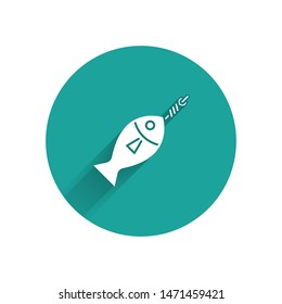 White Fish on hook icon isolated with long shadow. Green circle button. Vector Illustration