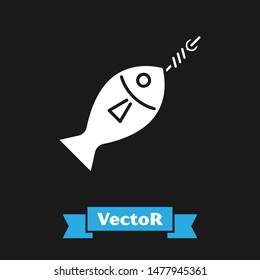 White Fish on hook icon isolated on black background.  Vector Illustration