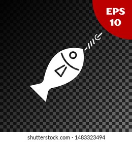 White Fish on hook icon isolated on transparent dark background.  Vector Illustration
