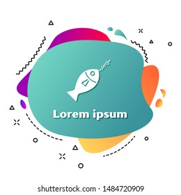 White Fish on hook icon isolated on white background. Abstract banner with liquid shapes. Vector Illustration