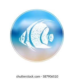 White fish on the light blur background. Nice badge. Creative emblem. High-quality graphic illustration. Hand drawn. Marine theme. The ocean inhabitants. Striped fish.