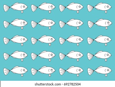 White fish pattern - Illustration ,Blue background,hand drawn style, Freshwater Fish, Animal, Fishing