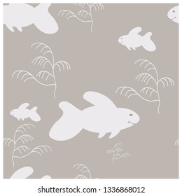 White fish and seaweed plants endless pattern. Simple vector seamless pattern. Isolated on grey background. 
