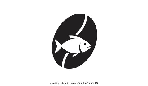 A white fish silhouette is positioned inside a dark oval shape, bisected by two curved white lines, creating a minimalist design.