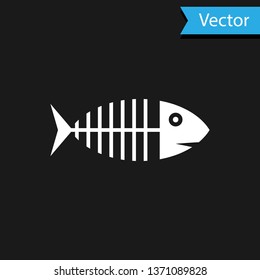 White Fish skeleton icon isolated on black background. Fish bone sign. Vector Illustration