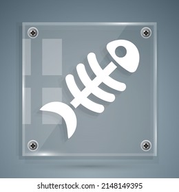 White Fish skeleton icon isolated on grey background. Fish bone sign. Square glass panels. Vector