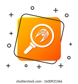 White Fish steak in frying pan icon isolated on white background. Orange square button. Vector Illustration