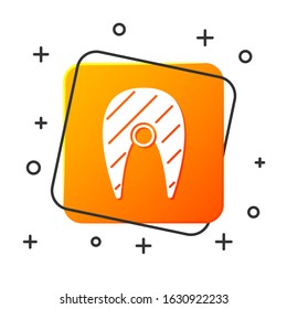White Fish steak icon isolated on white background. Orange square button. Vector Illustration