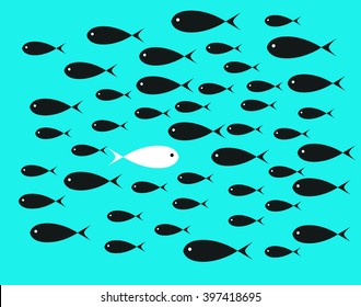 White  Fish swim opposite upstream the ton of black fish on aqua blue background illustrations