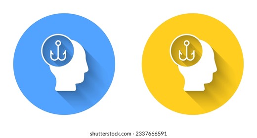White Fisherman icon isolated with long shadow background. Circle button. Vector