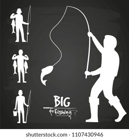 White fisherman silhouette of set isolated on black vector design illustration