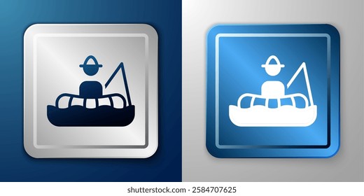 White Fisherman sitting in a boat and fishing with a rod icon isolated on blue and grey background. Silver and blue square button. Vector