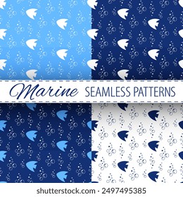 White fishes and bubbles on dark blue background. Vector seamless patterns collection. Marine underwater life.