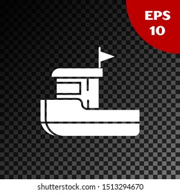 White Fishing boat icon isolated on transparent dark background.  Vector Illustration