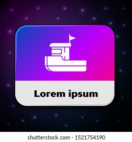 White Fishing boat icon isolated on black background. Rectangle color button. Vector Illustration