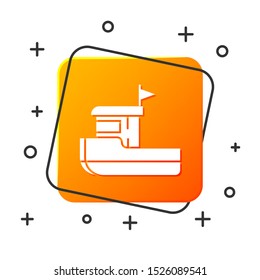 White Fishing boat icon isolated on white background. Orange square button. Vector Illustration