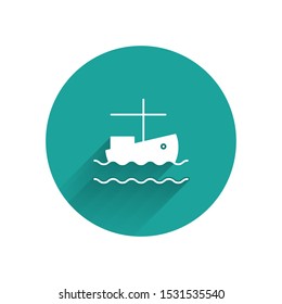 White Fishing boat on water icon isolated with long shadow. Green circle button. Vector Illustration