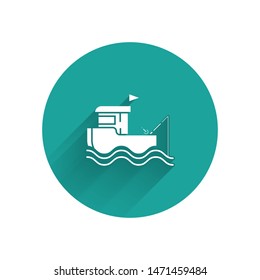 White Fishing boat with fishing rod on water icon isolated with long shadow. Green circle button. Vector Illustration