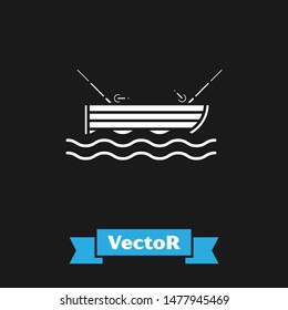 White Fishing boat with fishing rod on water icon isolated on black background.  Vector Illustration