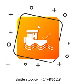 White Fishing boat with fishing rod on water icon isolated on white background. Orange square button. Vector Illustration