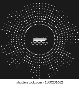 White Fishing boat with fishing rod on water icon isolated on grey background. Abstract circle random dots. Vector Illustration