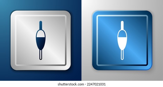 White Fishing float icon isolated on blue and grey background. Fishing tackle. Silver and blue square button. Vector