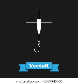 White Fishing hook and float icon isolated on black background. Fishing tackle.  Vector Illustration