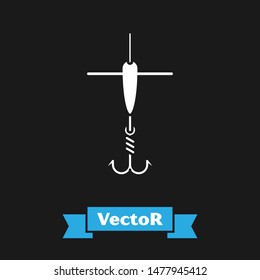 White Fishing hook and float icon isolated on black background. Fishing tackle.  Vector Illustration