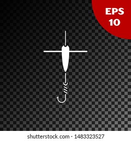 White Fishing hook and float icon isolated on transparent dark background. Fishing tackle.  Vector Illustration