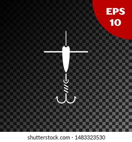 White Fishing hook and float icon isolated on transparent dark background. Fishing tackle.  Vector Illustration