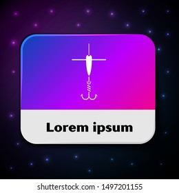White Fishing hook and float icon isolated on black background. Fishing tackle. Rectangle color button. Vector Illustration