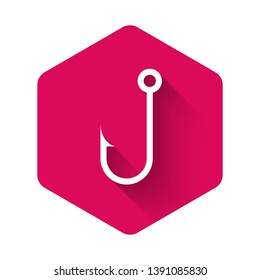 White Fishing hook icon isolated with long shadow. Pink hexagon button. Vector Illustration