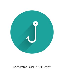 White Fishing hook icon isolated with long shadow. Fishing tackle. Green circle button. Vector Illustration