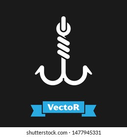 White Fishing hook icon isolated on black background. Fishing tackle.  Vector Illustration