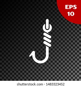 White Fishing hook icon isolated on transparent dark background. Fishing tackle.  Vector Illustration